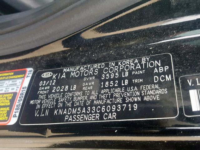 KNADM5A33C6093719 - 2012 KIA RIO LX BLACK photo 10