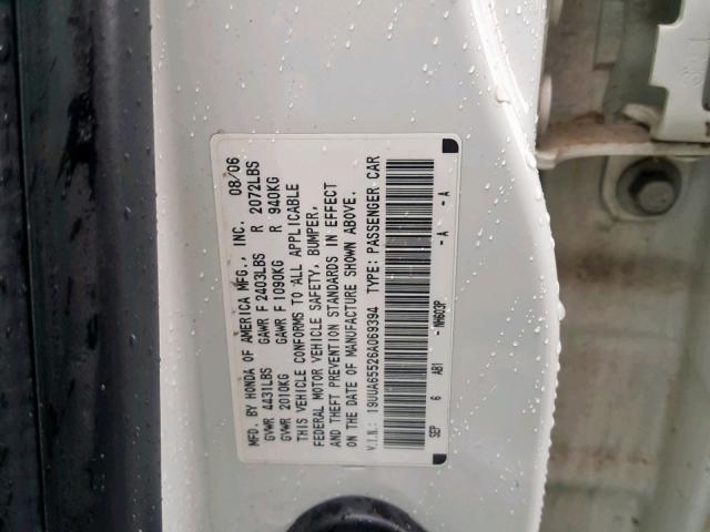 19UUA65526A069394 - 2006 ACURA 3.2TL WHITE photo 10