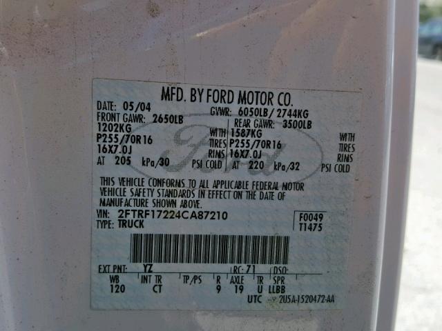 2FTRF17224CA87210 - 2004 FORD F-150 HERI WHITE photo 10