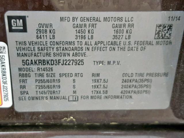 5GAKRBKD3FJ227925 - 2015 BUICK ENCLAVE BROWN photo 10