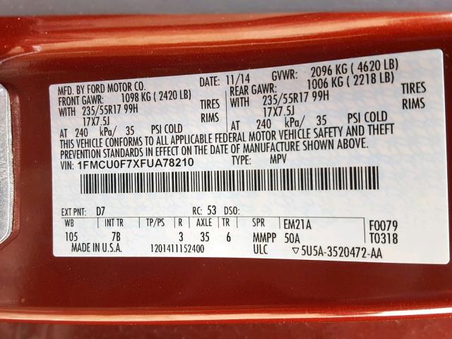 1FMCU0F7XFUA78210 - 2015 FORD ESCAPE S MAROON photo 10