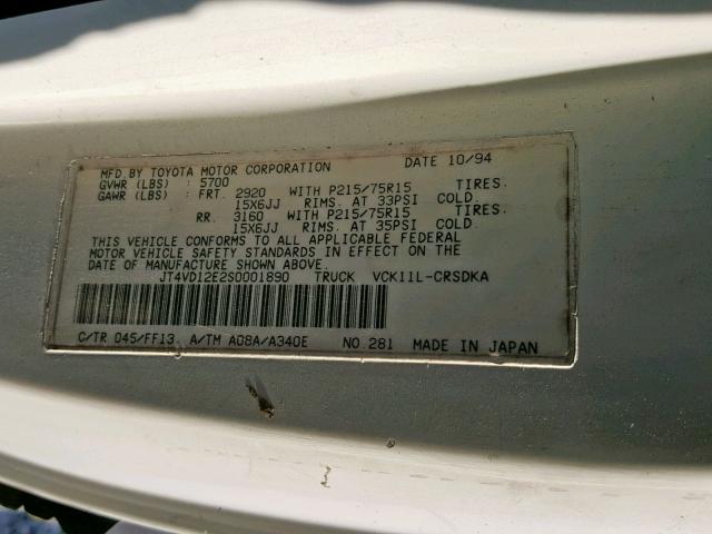 JT4VD12E2S0001890 - 1995 TOYOTA T100 XTRAC WHITE photo 10