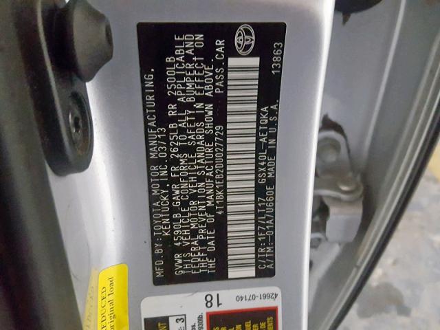 4T1BK1EB2DU027729 - 2013 TOYOTA AVALON BAS SILVER photo 10