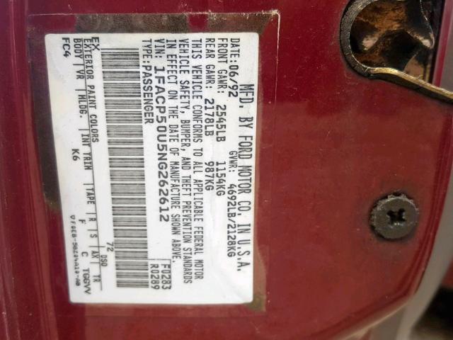 1FACP50U5NG262612 - 1992 FORD TAURUS L RED photo 10