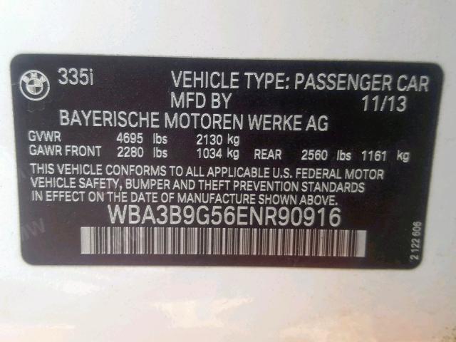 WBA3B9G56ENR90916 - 2014 BMW 335 XI WHITE photo 10