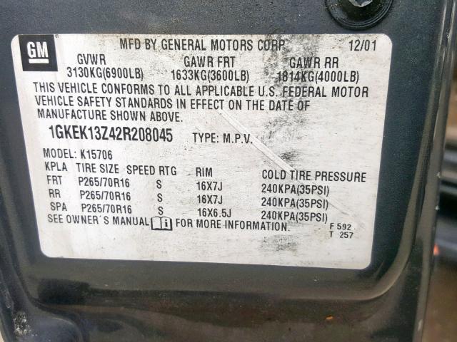 1GKEK13Z42R208045 - 2002 GMC YUKON GRAY photo 10