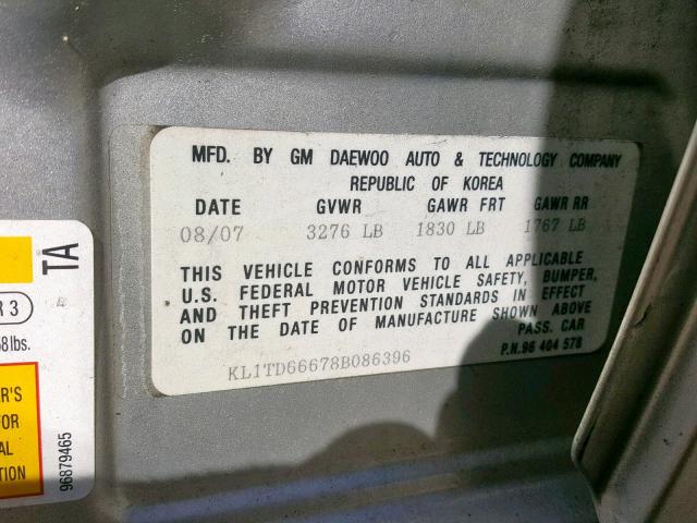 KL1TD66678B086396 - 2008 CHEVROLET AVEO BASE Сұр фото 10