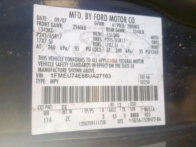 1FMEU74E68UA27163 - 2008 FORD EXPLORER E BLUE photo 10