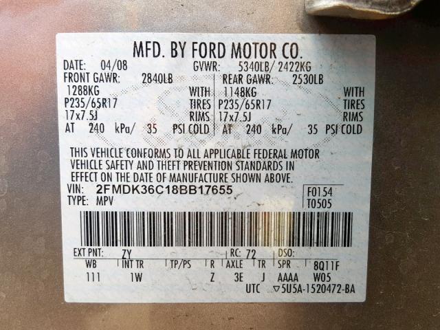 2FMDK36C18BB17655 - 2008 FORD EDGE SE GRAY photo 10