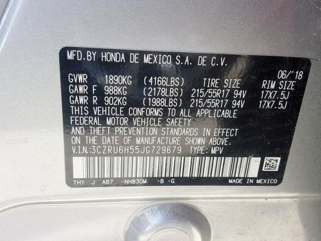 3CZRU6H55JG729679 - 2018 HONDA HR-V EX SILVER photo 10