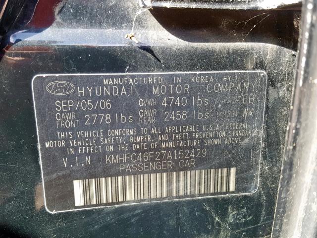 KMHFC46F27A152429 - 2007 HYUNDAI AZERA SE BLACK photo 10