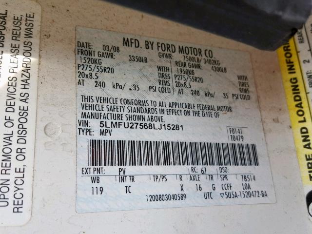 5LMFU27568LJ15281 - 2008 LINCOLN NAVIGATOR Ağ foto 10