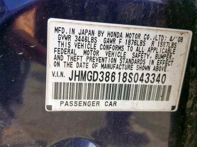 JHMGD38618S043340 - 2008 HONDA FIT SPORT BLUE photo 10