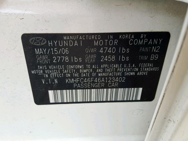 KMHFC46F46A123402 - 2006 HYUNDAI AZERA SE WHITE photo 10