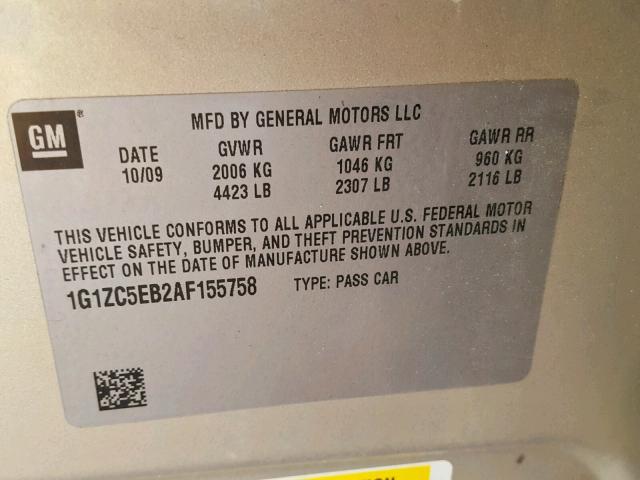 1G1ZC5EB2AF155758 - 2010 CHEVROLET MALIBU 1LT 棕色 照片 10