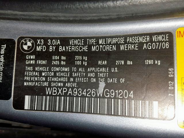 WBXPA93426WG91204 - 2006 BMW X3 3.0I GRAY photo 10