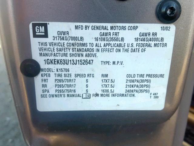 1GKEK63U13J152647 - 2003 GMC YUKON DENA SILVER photo 10