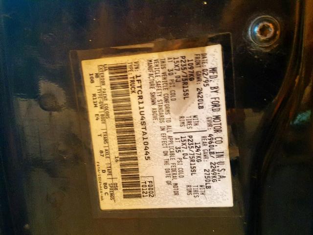 1FTCR11U4STA10445 - 1995 FORD RANGER BLACK photo 10