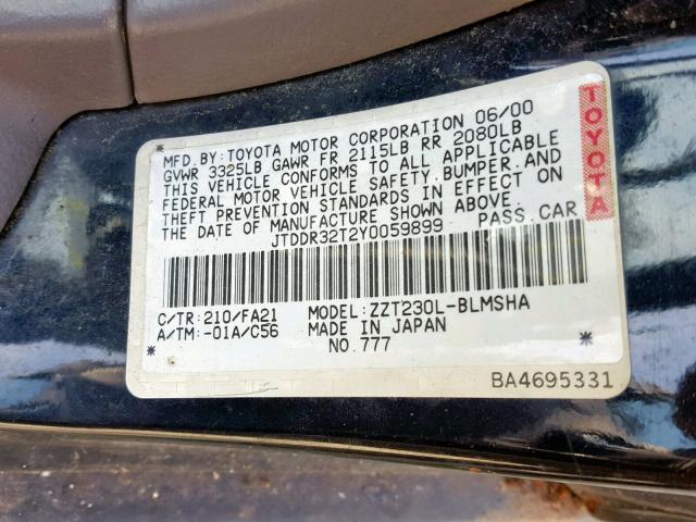 JTDDR32T2Y0059899 - 2000 TOYOTA CELICA GT BLACK photo 10