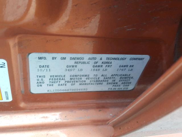 KL1TD56687B094693 - 2007 CHEVROLET AVEO BASE Қызғылт сары фото 10