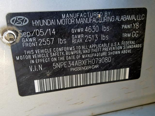 5NPE34ABXFH079080 - 2015 HYUNDAI SONATA SPO SILVER photo 10