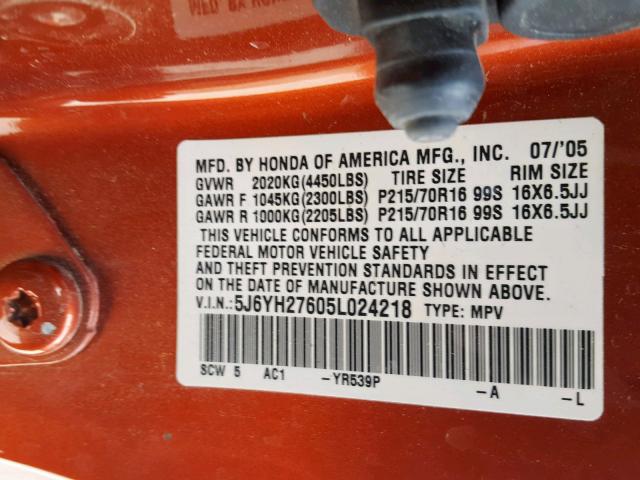 5J6YH27605L024218 - 2005 HONDA ELEMENT EX ORANGE photo 10