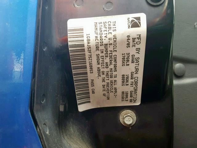1G8AJ52F75Z168053 - 2005 SATURN ION LEVEL BLUE photo 10