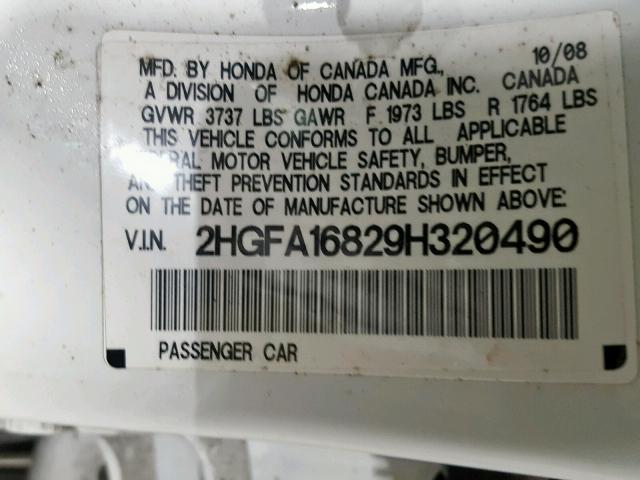2HGFA16829H320490 - 2009 HONDA CIVIC EX თეთრი ფოტო 10