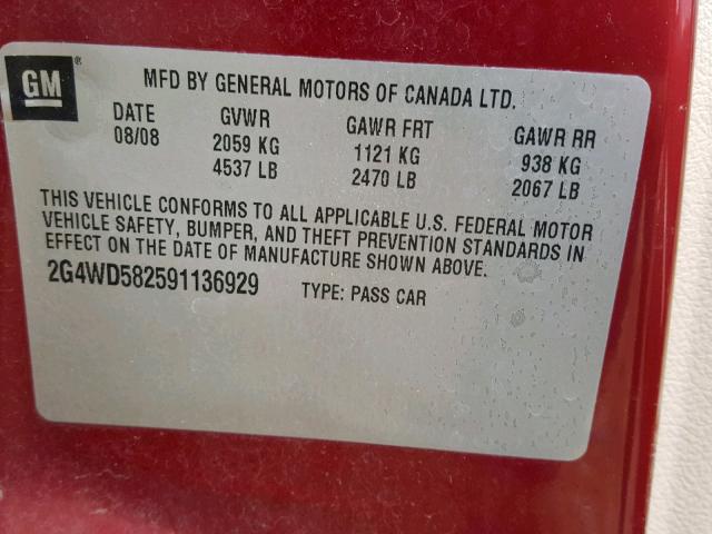 2G4WD582591136929 - 2009 BUICK LACROSSE C RED photo 10