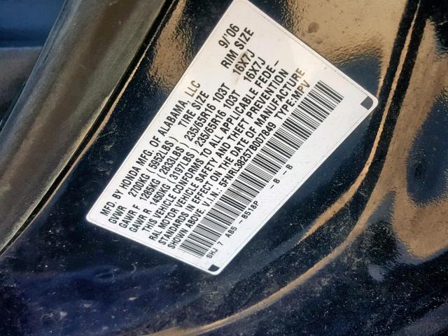 5FNRL38257B007849 - 2007 HONDA ODYSSEY LX BLUE photo 10