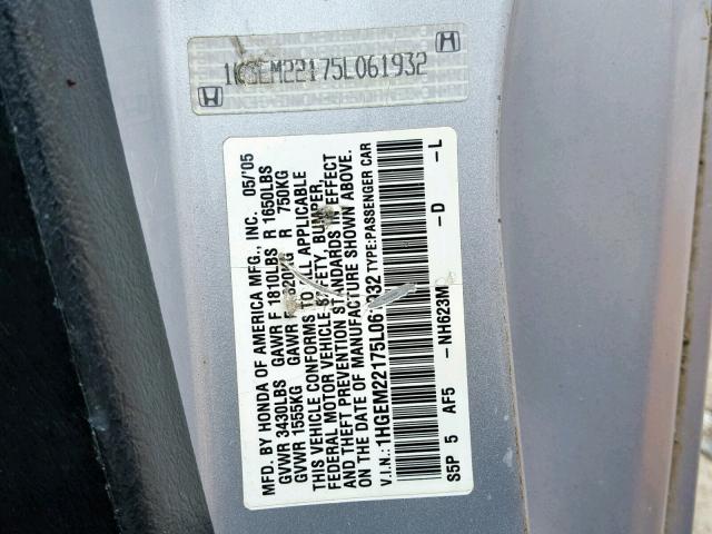 1HGEM22175L061932 - 2005 HONDA CIVIC DX V SILVER photo 10