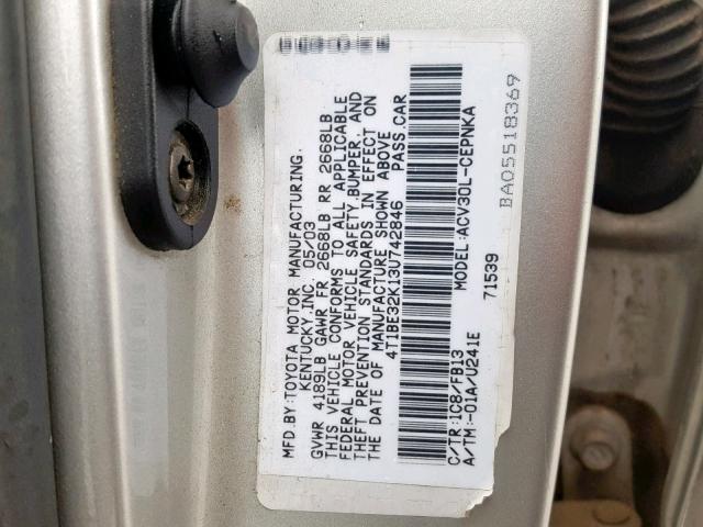 4T1BE32K13U742846 - 2003 TOYOTA CAMRY LE SILVER photo 10