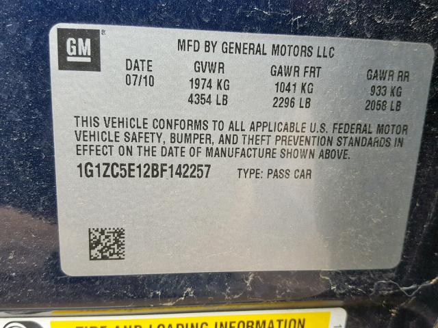 1G1ZC5E12BF142257 - 2011 CHEVROLET MALIBU 1LT ლურჯი ფოტო 10