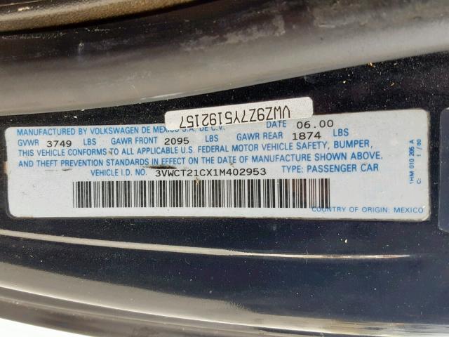 3VWCT21CX1M402953 - 2001 VOLKSWAGEN NEW BEETLE Qara foto 10