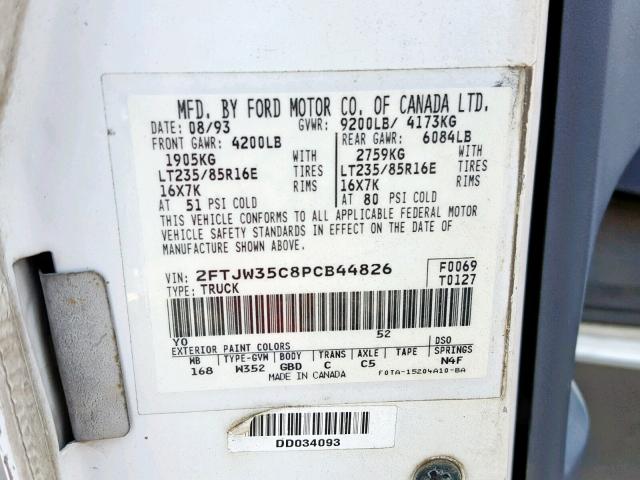 2FTJW35C8PCB44826 - 1993 FORD F350 WHITE photo 10