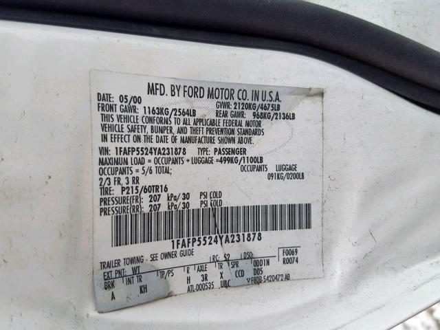 1FAFP5524YA231878 - 2000 FORD TAURUS SES WHITE photo 10