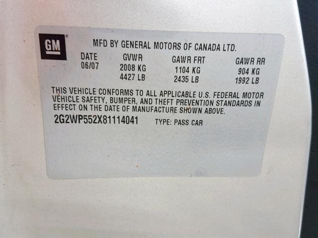 2G2WP552X81114041 - 2008 PONTIAC GRAND PRIX 银色 照片 10