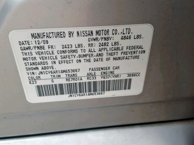 JN1CV6AR1AM453667 - 2010 INFINITI G37 SILVER photo 10