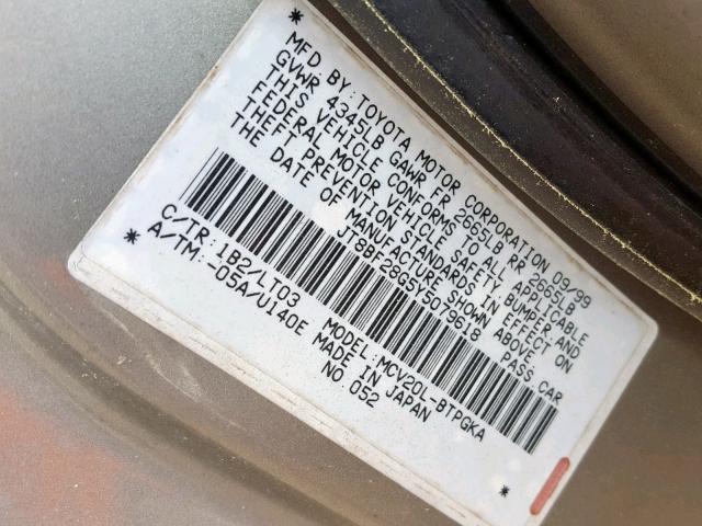 JT8BF28G5Y5079618 - 2000 LEXUS ES 300 GRAY photo 10