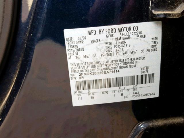 2FMDK38C29BA71414 - 2009 FORD EDGE SEL BLACK photo 10