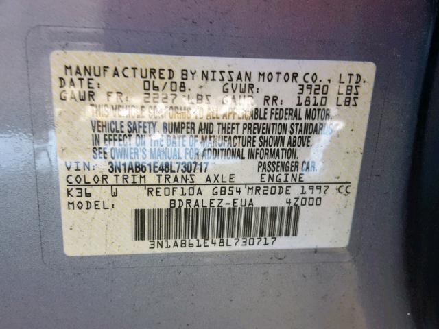 3N1AB61E48L730717 - 2008 NISSAN SENTRA 2.0 SILVER photo 10