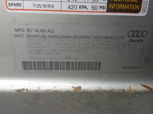 WAUNF78P57A206124 - 2007 AUDI A3 2.0 PRE SILVER photo 10