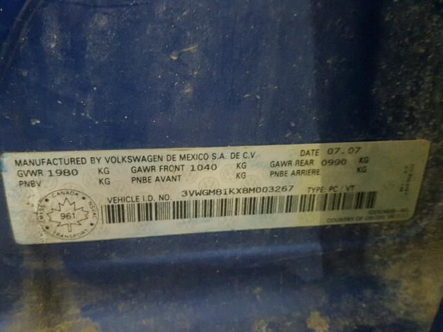 3VWGM81KX8M003267 - 2008 VOLKSWAGEN JETTA 2.5L BLUE photo 10