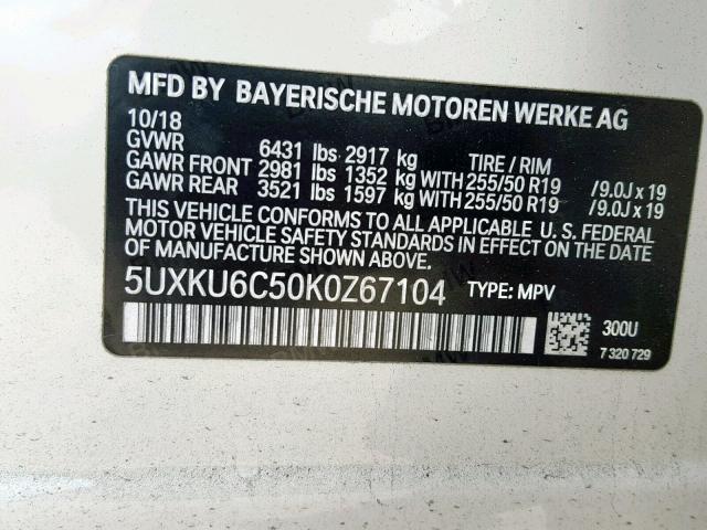 5UXKU6C50K0Z67104 - 2019 BMW X6 XDRIVE5 WHITE photo 10