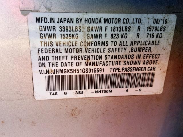 JHMGK5H51GS015691 - 2016 HONDA FIT LX SILVER photo 10