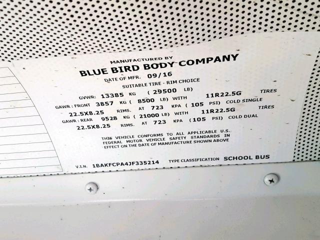 1BAKFCPA4JF335214 - 2018 BLUE BIRD SCHOOL BUS YELLOW photo 10