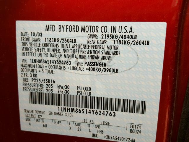 1LNHM86S14Y624763 - 2004 LINCOLN LS 红色 照片 10