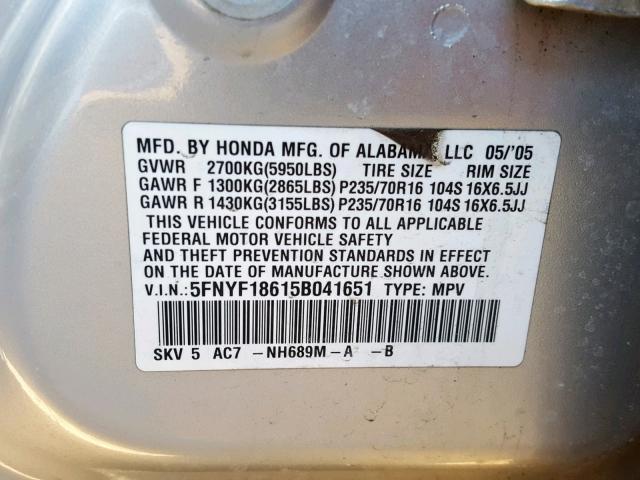 5FNYF18615B041651 - 2005 HONDA PILOT EXL SILVER photo 10