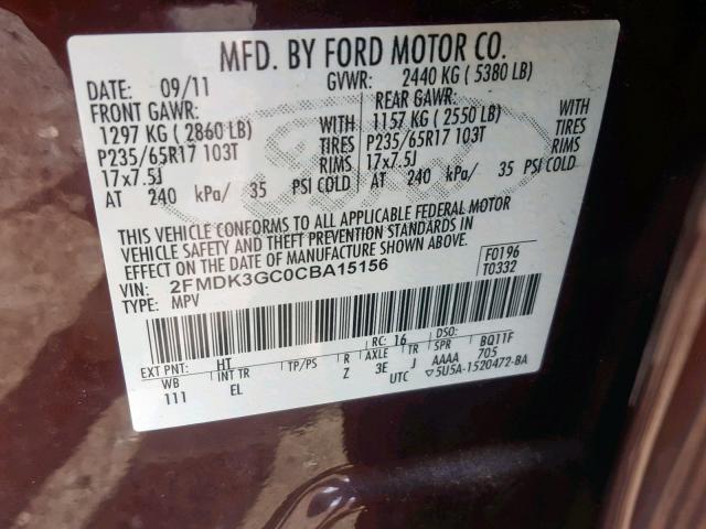 2FMDK3GC0CBA15156 - 2012 FORD EDGE SE BROWN photo 10