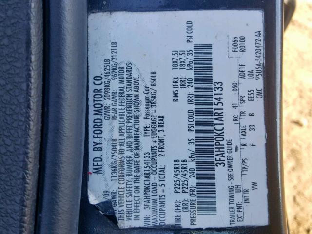 3FAHP0KC1AR154133 - 2010 FORD FUSION SPO BLACK photo 10